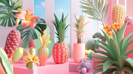 Wall Mural - vibrant tropical paradise: pink pineapple still life