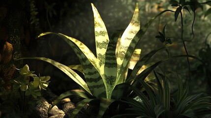 Wall Mural - lush tropical plant: vibrant green foliage in dark jungle setting