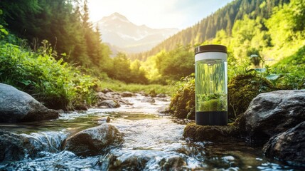 Poster - Water filter stands in serene forest setting with mountains and clear streams illuminated by soft sunlight