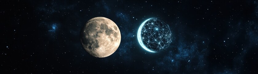 Wall Mural - moon and connected network in starry night sky illustration
