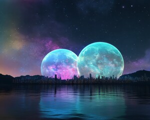 Wall Mural - twin celestial bodies over a futuristic city at night