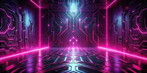 Wall Mural - futuristic neon corridor with circuit board design and glowing lines reflecting on a polished floor
