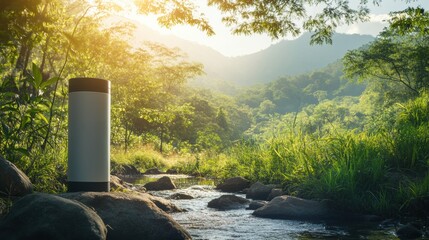 Poster - Water filter enhances natural beauty in a vibrant forest surrounded by streams and mountains during soft sunlight hours