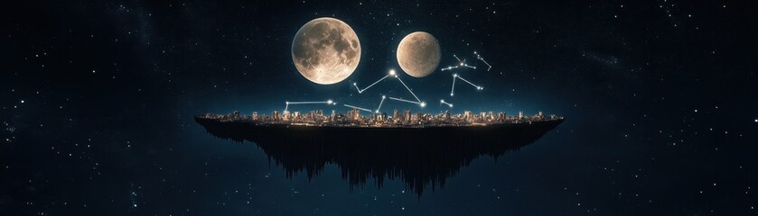 Wall Mural - surreal floating island with two moons and urban skyline at night