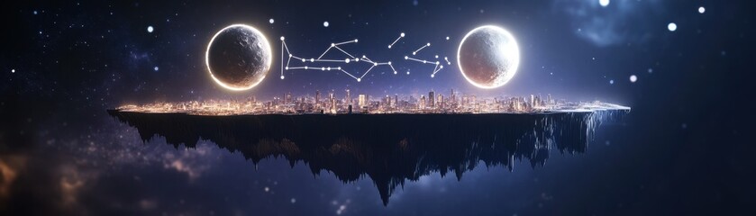 Wall Mural - floating cityscape with stars and planets in dark cosmic space
