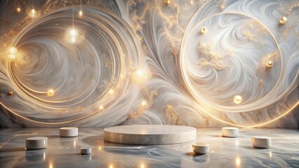 Wall Mural - elegant swirling marble backdrop with illuminating golden accents and podium