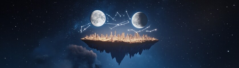 Wall Mural - surreal floating city underneath two moons in starry night sky