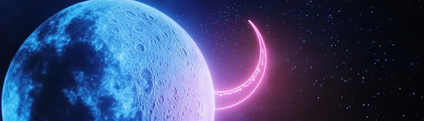 Wall Mural - Vibrant Cosmic Landscape with Moon and Stylized Planetary Ring