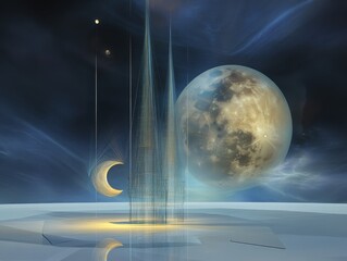 Wall Mural - ethereal landscape with celestial bodies and abstract structures