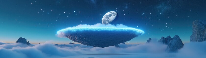 Wall Mural - surreal landscape with floating island and moon above cloudy sky