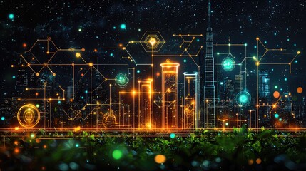 Wall Mural - a futuristic cityscape with network lines overlaying buildings at night