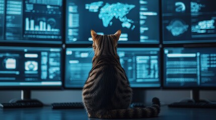 Cat observing multiple computer screens in a dark setting