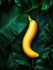 Leinwandbilder - Vibrant yellow banana surrounded by lush green tropical leaves and natural light captured beautifully