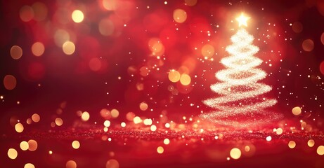 Wall Mural - a glowing christmas tree with sparkling golden lights on a red background, creating a festive and ma