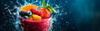 © +27.000 BOU - Fruit Smoothie Splash: A refreshing burst of color and flavor! A delicious fruit smoothie explodes with a vibrant splash of water, showcasing a medley of fresh berries, peaches, and mint leaves.