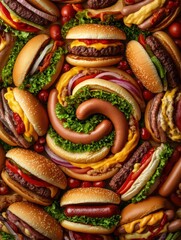 Poster - Burgers and hot dogs arranged in a spiral pattern with space for text featuring golden ratio composition at a summer picnic