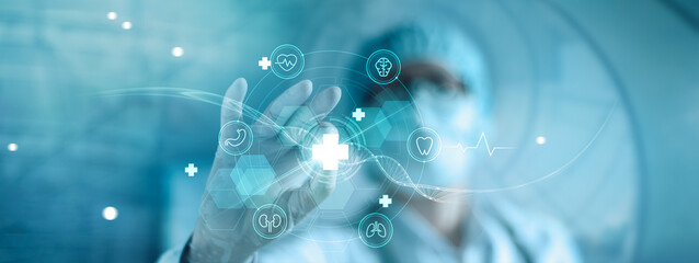 Aufkleber - Healthcare and medical. DNA, Medicine doctor touching white cross medical icons, digital healthcare diagnosis for patient. Health insurance, Science, Medical research and development.