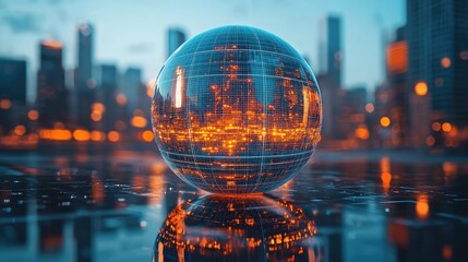 Wall Mural - illuminated sphere reflecting cityscape at night