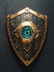 Fototapete - Cybernetic shield with robotic eye symbolizes artificial intelligence in cybersecurity