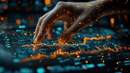 Wall Mural - a hand is interacting with digital data and technology display
