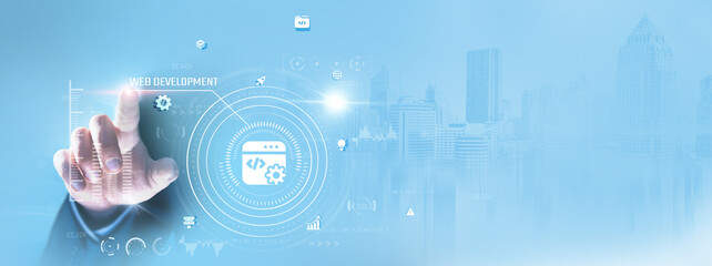 Wall Mural - web development: businessman touching and designing interfaces, coding, optimizing performance, test
