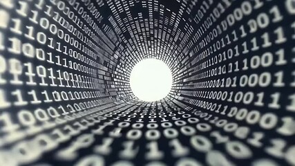 Digital tunnel with binary code data stream in a dark blue background with bright light in center representing internet and network connection technology and future communication