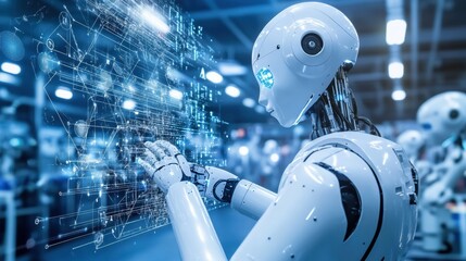 Fototapete - Automated factory using robotic machines and AI for advanced production controls in a modern manufacturing setting