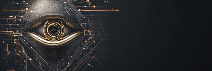 Leinwandbilder - Shield design with cybernetic patterns and robotic eye symbolizing AI in cybersecurity with text space