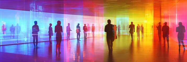 Leinwandbilder - Avatars engage in digital social interaction within a vibrant metaverse lobby filled with holographic displays and interactive interfaces