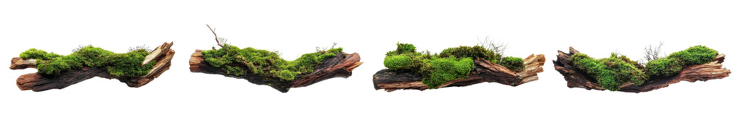 Wall Mural - green moss covered wood logs on white background