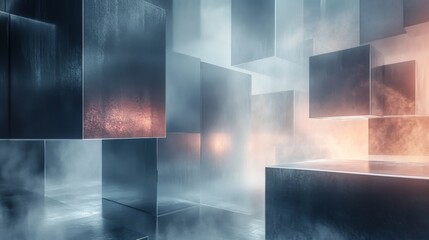 Wall Mural - a futuristic scene showing metallic cubes in a foggy setting