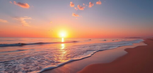 Wall Mural - golden sunset paints deserted beach, waves gently lapping shore, solitude, light