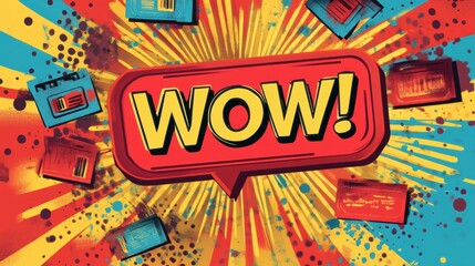 Aufkleber - Vibrant comic style design featuring bold WOW exclamation amidst bright colors and discount patterns creating an eye catching visual experience