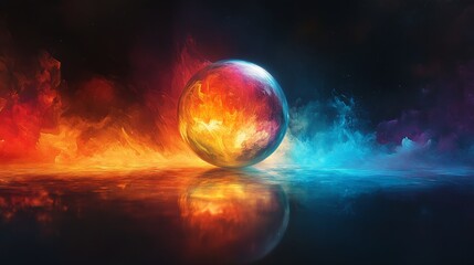 Wall Mural - a vibrant sphere reflecting in a dark and colorful landscape