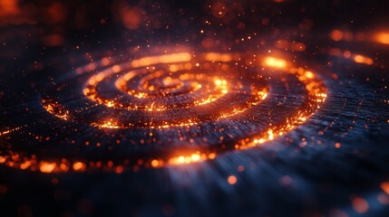 Wall Mural - Glowing orange particles forming a spiral on a dark textured surface