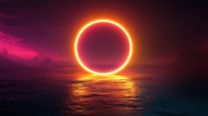 Wall Mural - A bright glowing circle suspended over a reflective water surface