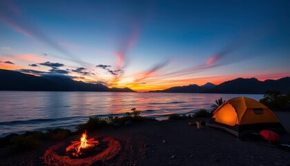 Wall Mural - oceanfront campsite sunset, majestic mountains backdrop, twilight, ocean