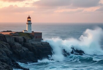 Wall Mural - rugged lighthouse endures relentless ocean waves, spray flying, cliff, scottish sea