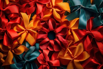 Poster - Ribbons and bows arranged in a spiral with a clear central area for text or logos featuring vibrant colors