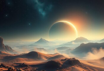 Wall Mural - Serene alien planet bathed in ethereal moonlight, cosmic dust swirling, desktop, painting