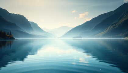 Wall Mural - serene mountain lake, soft glowing particles, tranquil scene, hills, wonder