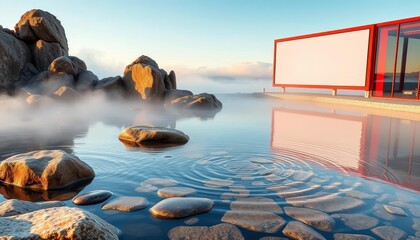 Wall Mural - serene rock pool, misty ripples, crimson-framed glass billboard, aesthetic, beauty