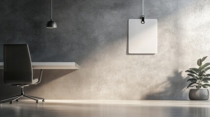 Poster - Minimalist work badge hanging in soft light against a textured office wall creating a calming workspace atmosphere