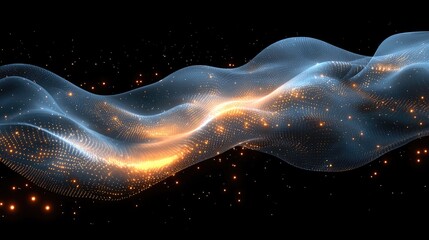 Wall Mural - glowing dots form a wave structure on a black background