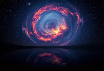Wall Mural - starfield swirling with nebulae, reflecting in a still, dark lake, otherworldly, dark