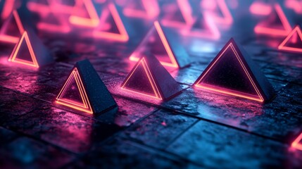 Wall Mural - Illuminated geometric pyramids arranged on a reflecting surface create a scene