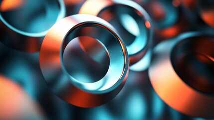 Wall Mural - several shiny metallic rings layered with attractive teal and orange light