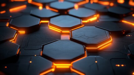 Wall Mural - geometric hexagon tiles with illuminated orange glowing highlights abstractly