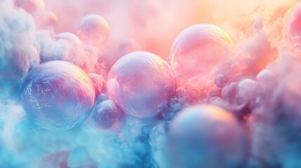Wall Mural - Glowing spheres surrounded by soft clouds in a pastel gradient