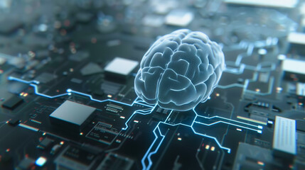 Wall Mural - mind-tech fusion: a glowing brain floats above a complex circuit board, symbolizing the intersection